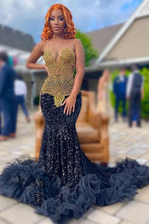 Mermaid Prom Dress with Classic Dark Navy Sequins and Crystal Sleeveless